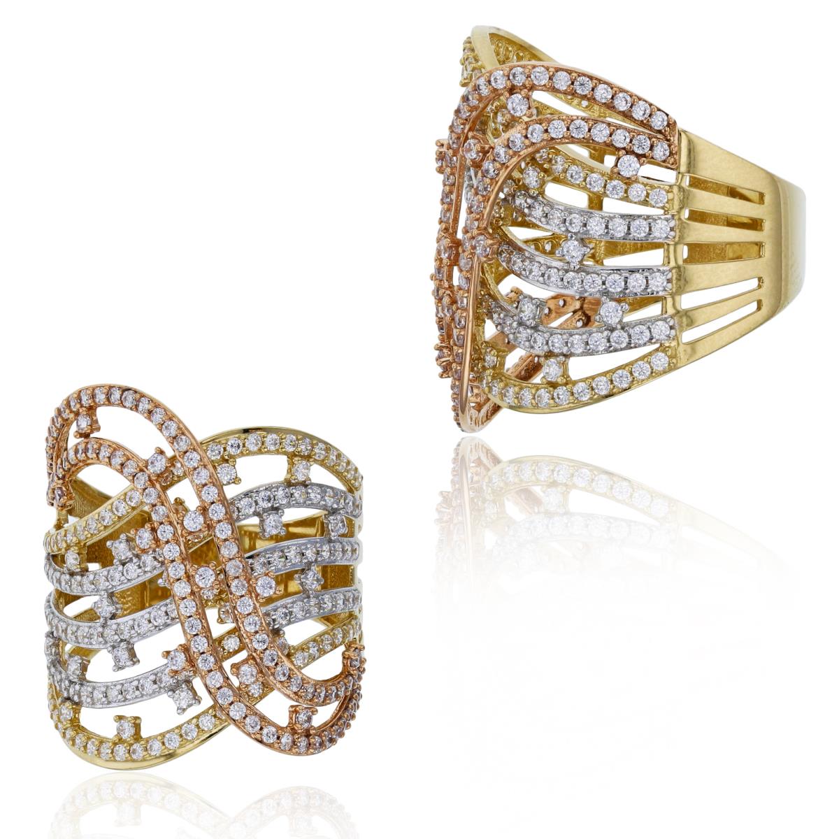 9K Tricolor Gold Micropave Multi-Row Wave Fashion Ring