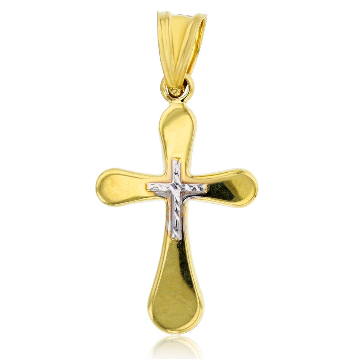 14K Two-Tone Gold 31x15mm Polished & DC Flat Teardrop Edge Cross Pendant