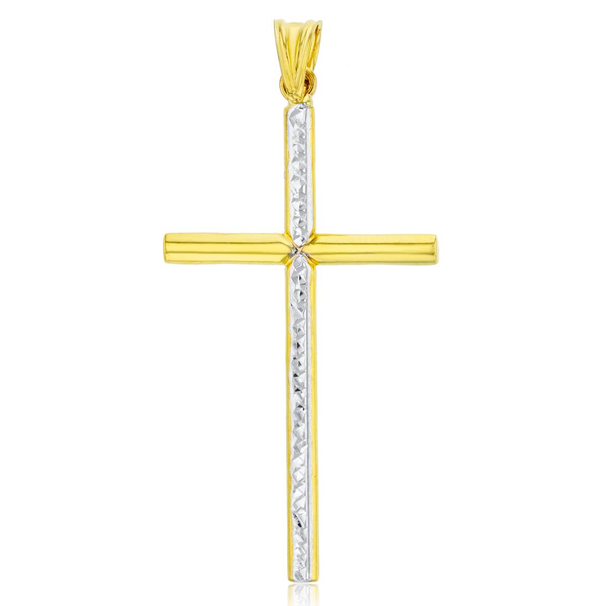 14K Two-Tone Gold 57x27mm Polished & 1-Row Diamond Cut Elongated Cross Pendant