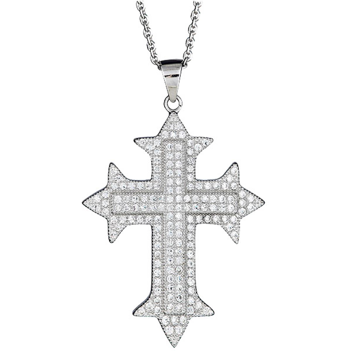 Sterling Silver Rhodium Mens Cross 18" Necklace