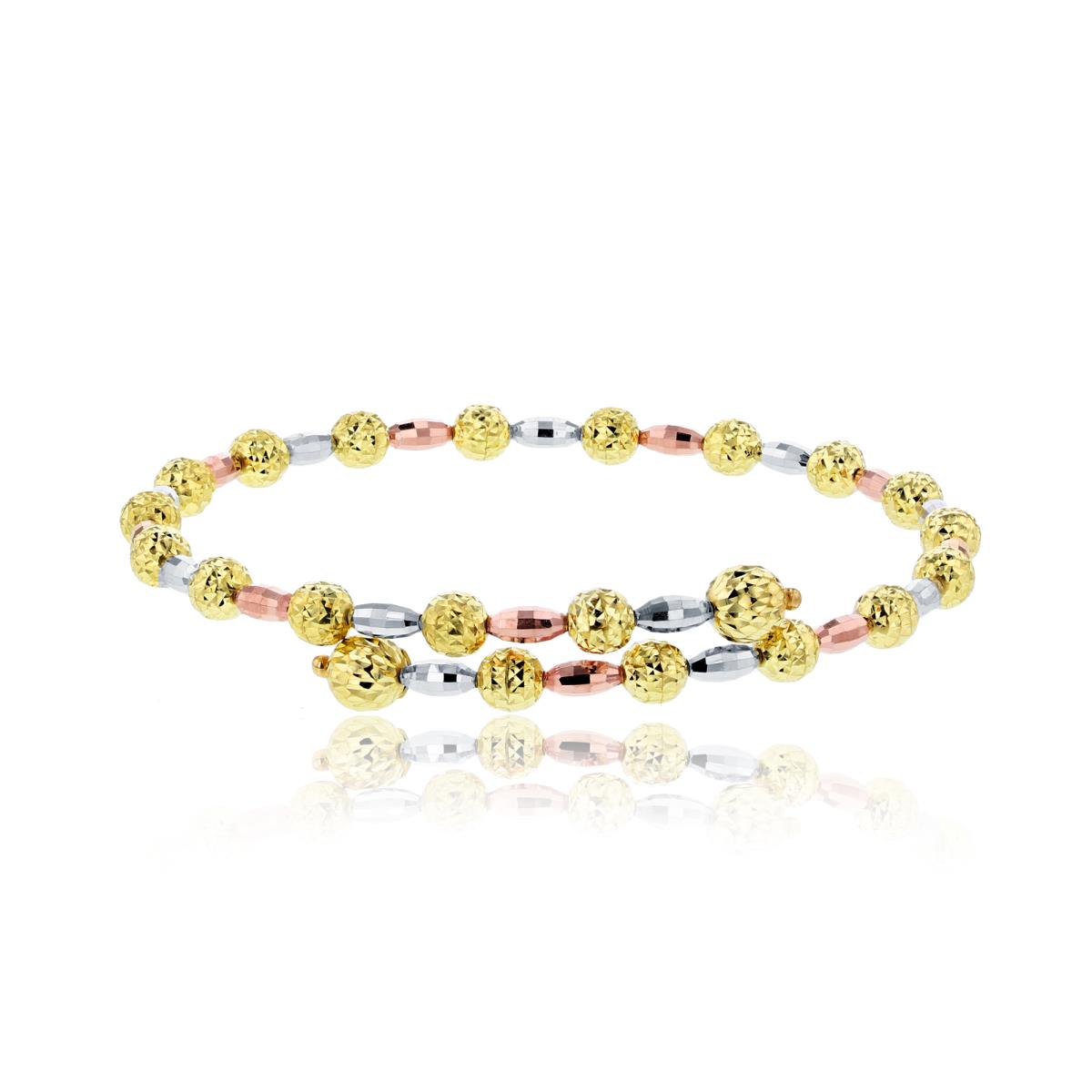 14K Tri-Color Gold Alternating Diamond Cut Beads Bangle Bracelet