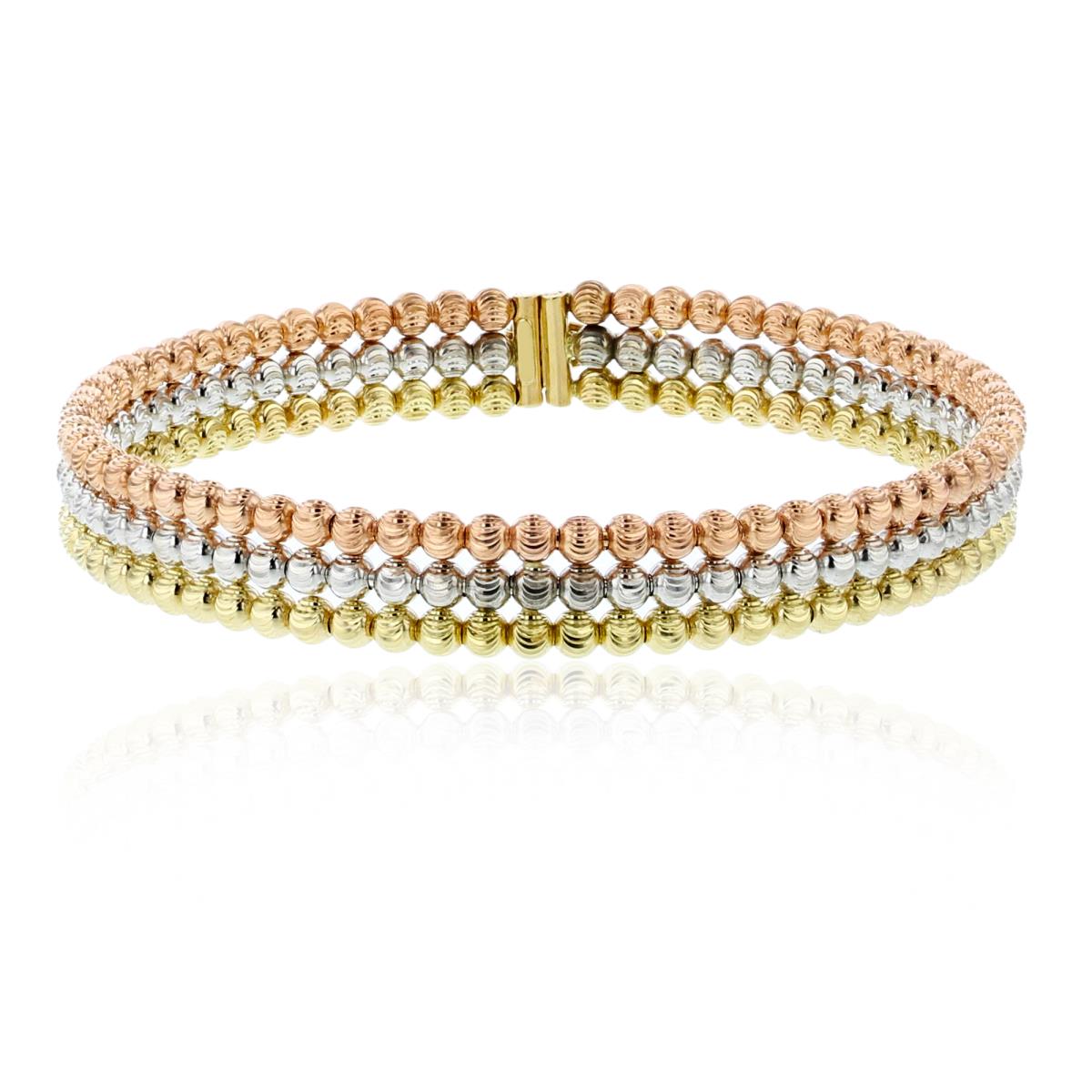 14K Tri-Color Gold 3-Row Diamond Cut Beaded Bangle Bracelet