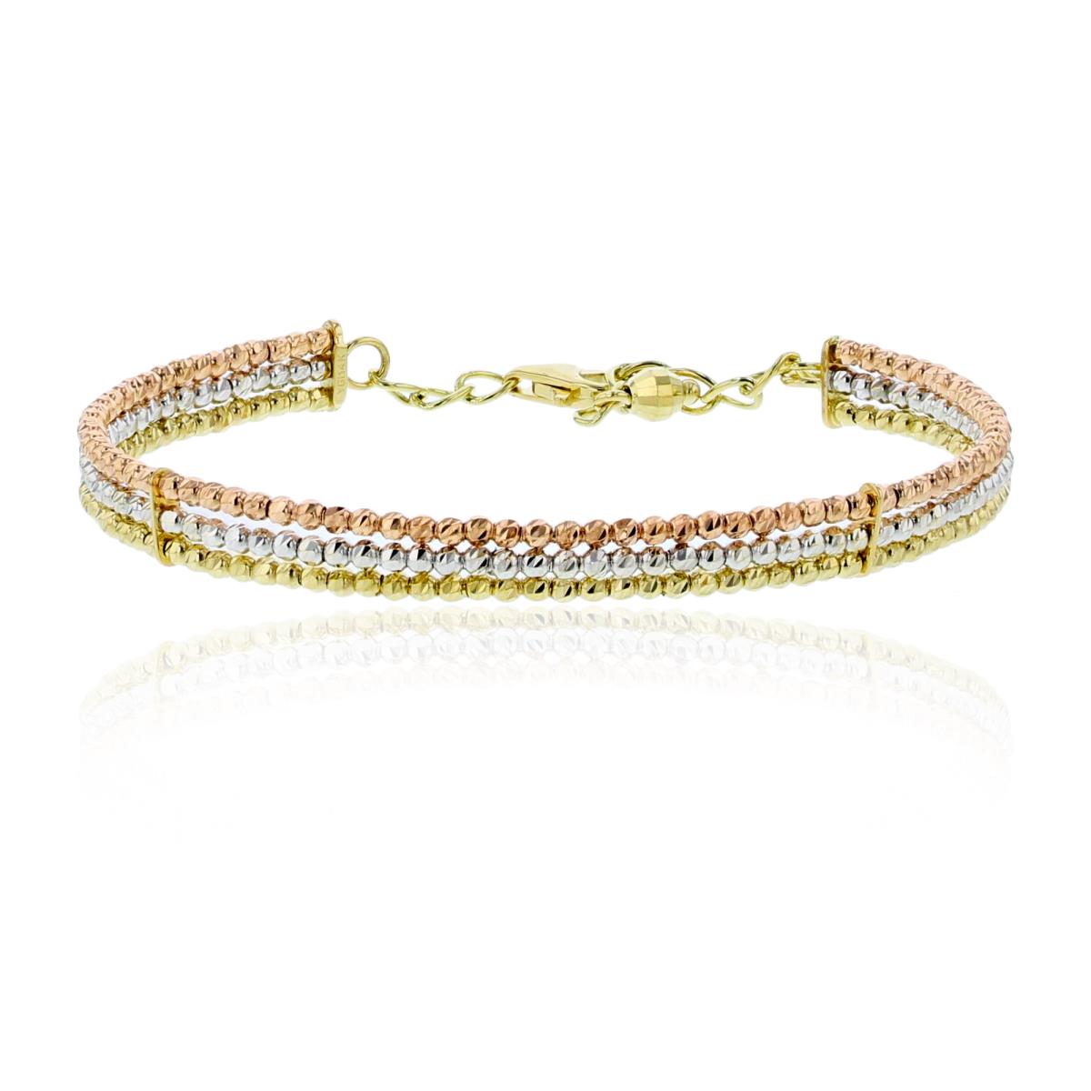 14K Tri-Color Gold 3-Row Diamond Cut Beaded 6mm Wide Bangle Bracelet with 1" Extender
