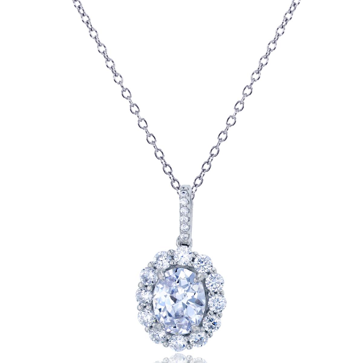 Sterling Silver Rhodium 7x9mm Oval Cut Halo CZ 18" Necklace