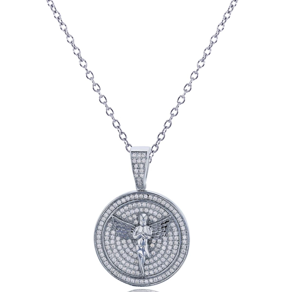 Sterling Silver Rhodium Micropave Angel In Circle 18" Necklace