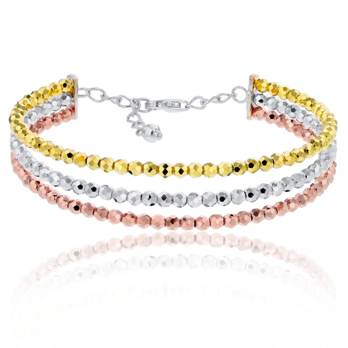 14K Tri-Color Gold 3-Row Diamond Cut Beaded Bangle Bracelet with 1" Extender