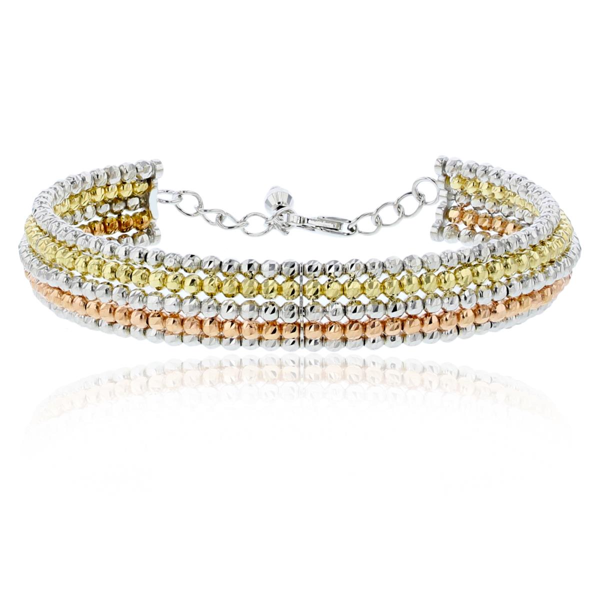 14K Tri-Color Gold 5-Row Diamond Cut 11mm Wide Beaded Bangle Bracelet with 1" Extender
