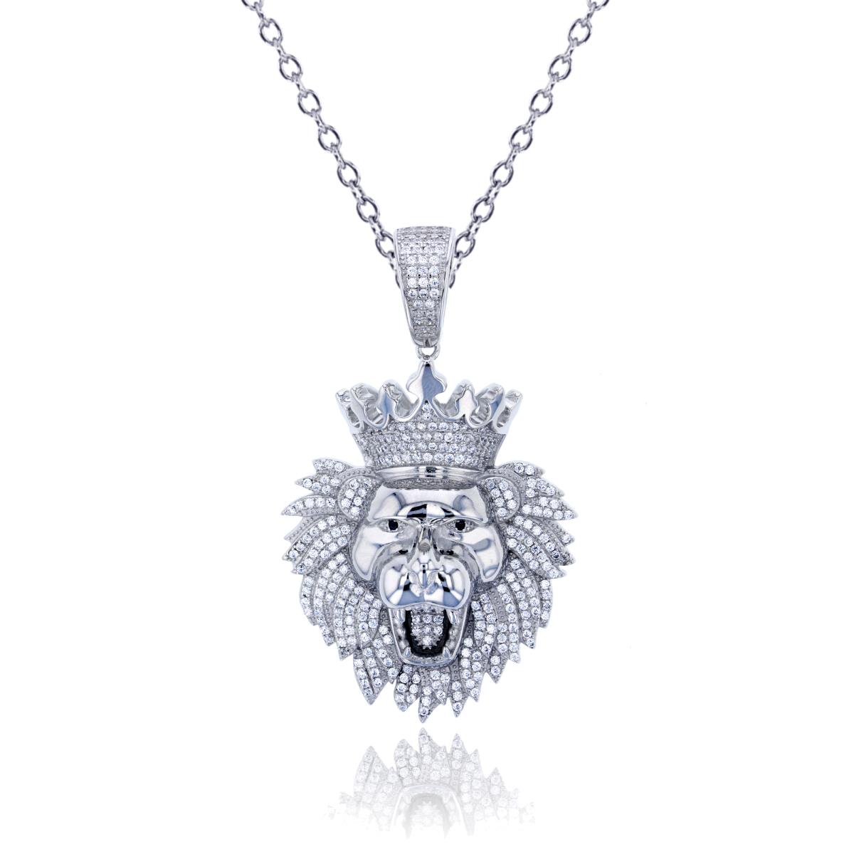 Sterling Silver Rhodium 62x37mm Micropave King Lion Head 18" Necklace