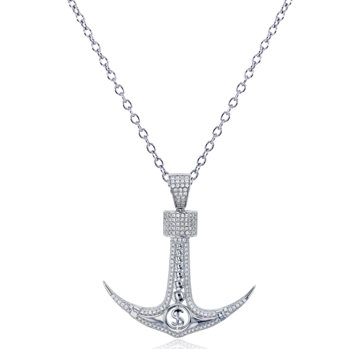 Sterling Silver Rhodium Micropave Anchor with Dollar Sign 18" Necklace