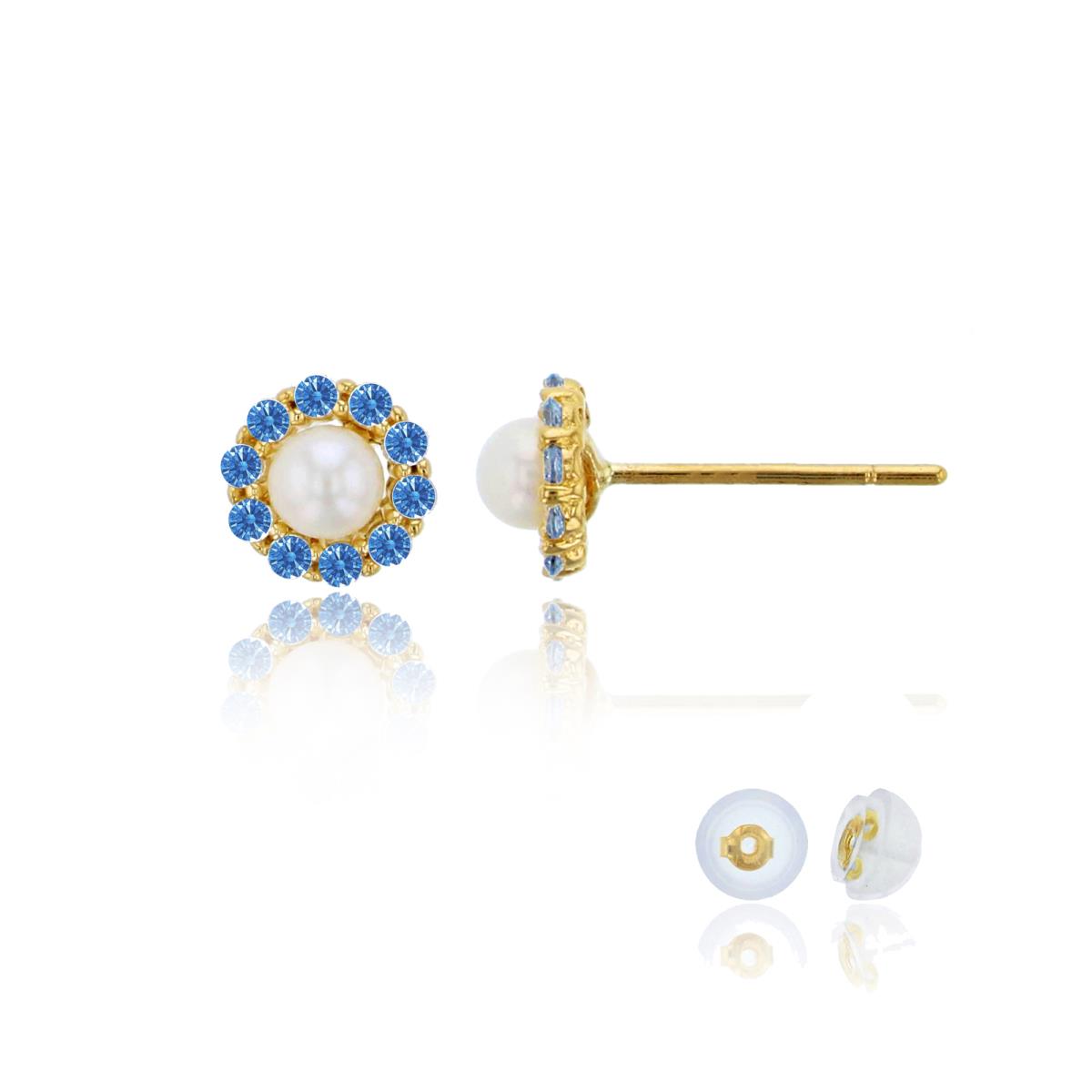 14K Yellow Gold 3mm Freshwater Pearl Fancy Blue Swarovski Zirconia Flower Stud Earring with Silicone Back