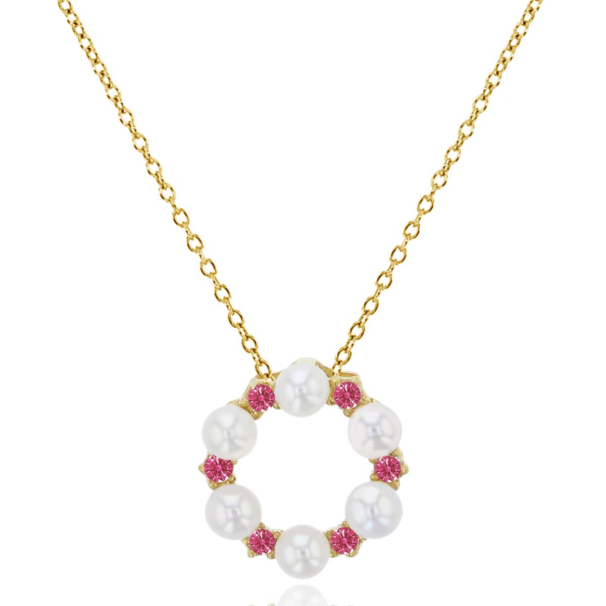 14K Yellow Gold 2mm 6-Stone Fresh Water Pearl & Red Swarovski Zironia Open Circle 18" Necklace