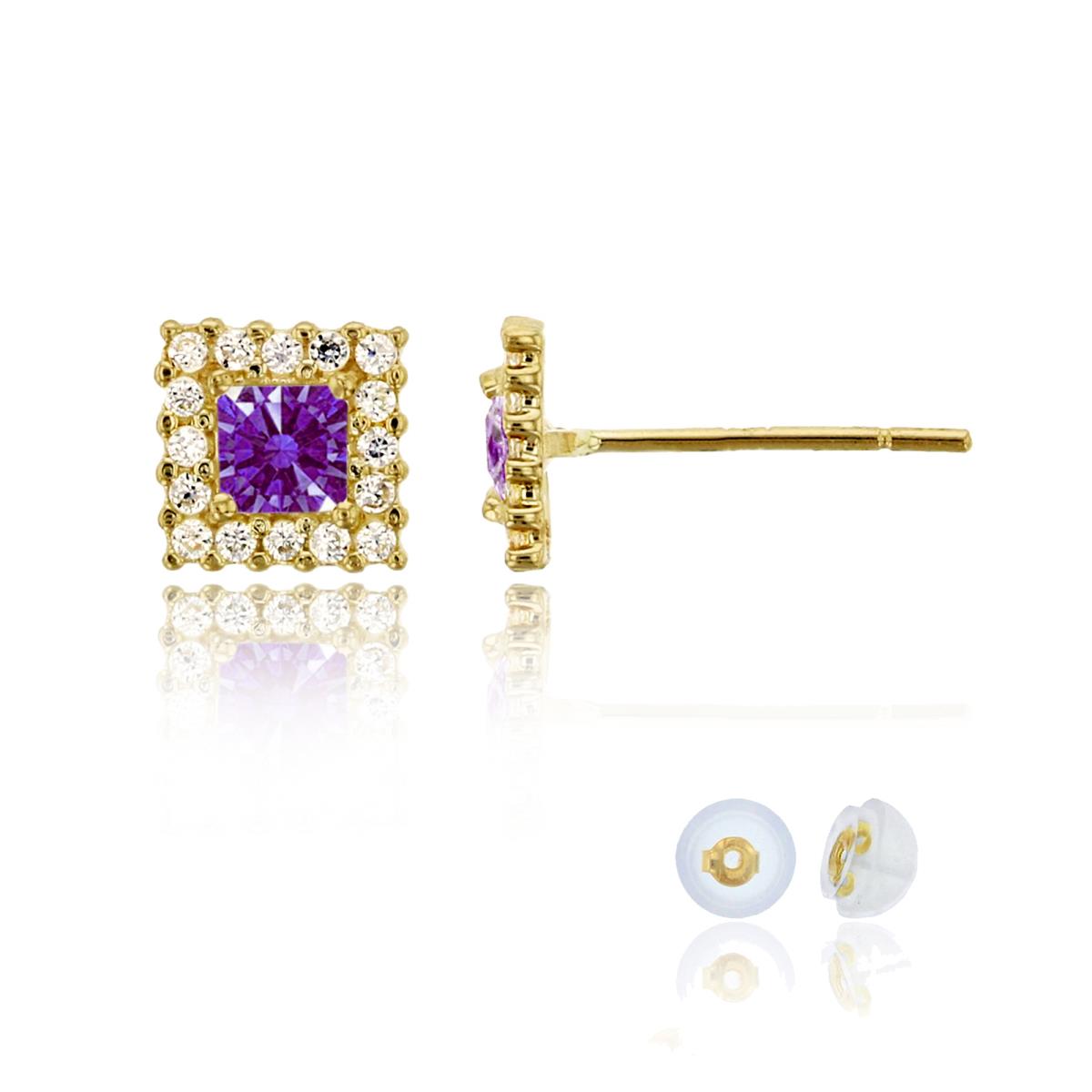 14K Yellow Gold Pave 3mm Princess Fancy Purple Swarovski Zirconia Square Stud Earring with Silicone Back