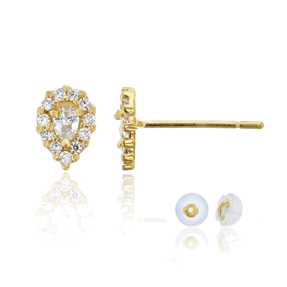 14K Yellow Gold Pave 4X3mm Pear White Swarovski Zirconia Halo Stud Earring with Silicone Back