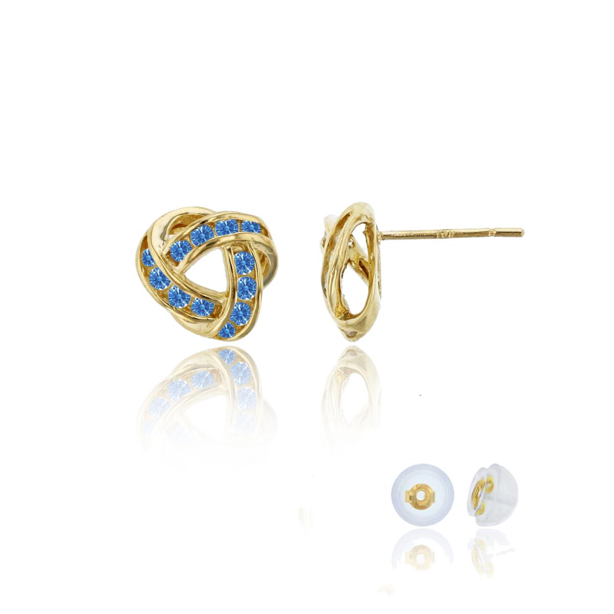 14K Yellow Gold Fancy Blue Swarovski Zirconia Channel Love Knot Stud Earring with Silicone Back