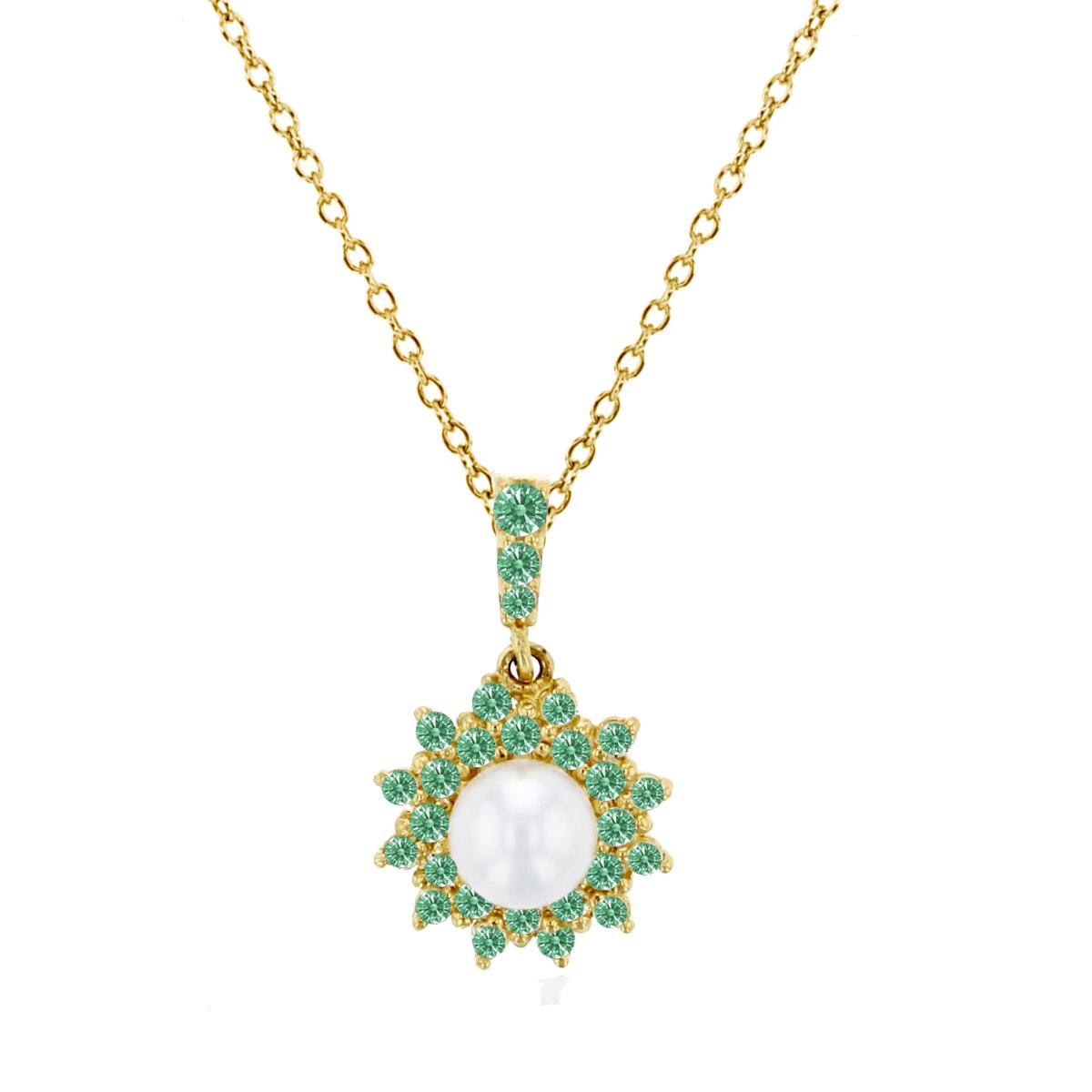 14K Yellow Gold 4mm Fresh Water Pearl & Fancy Green Swarovski Zirconia Sun Dangling 18" Necklace