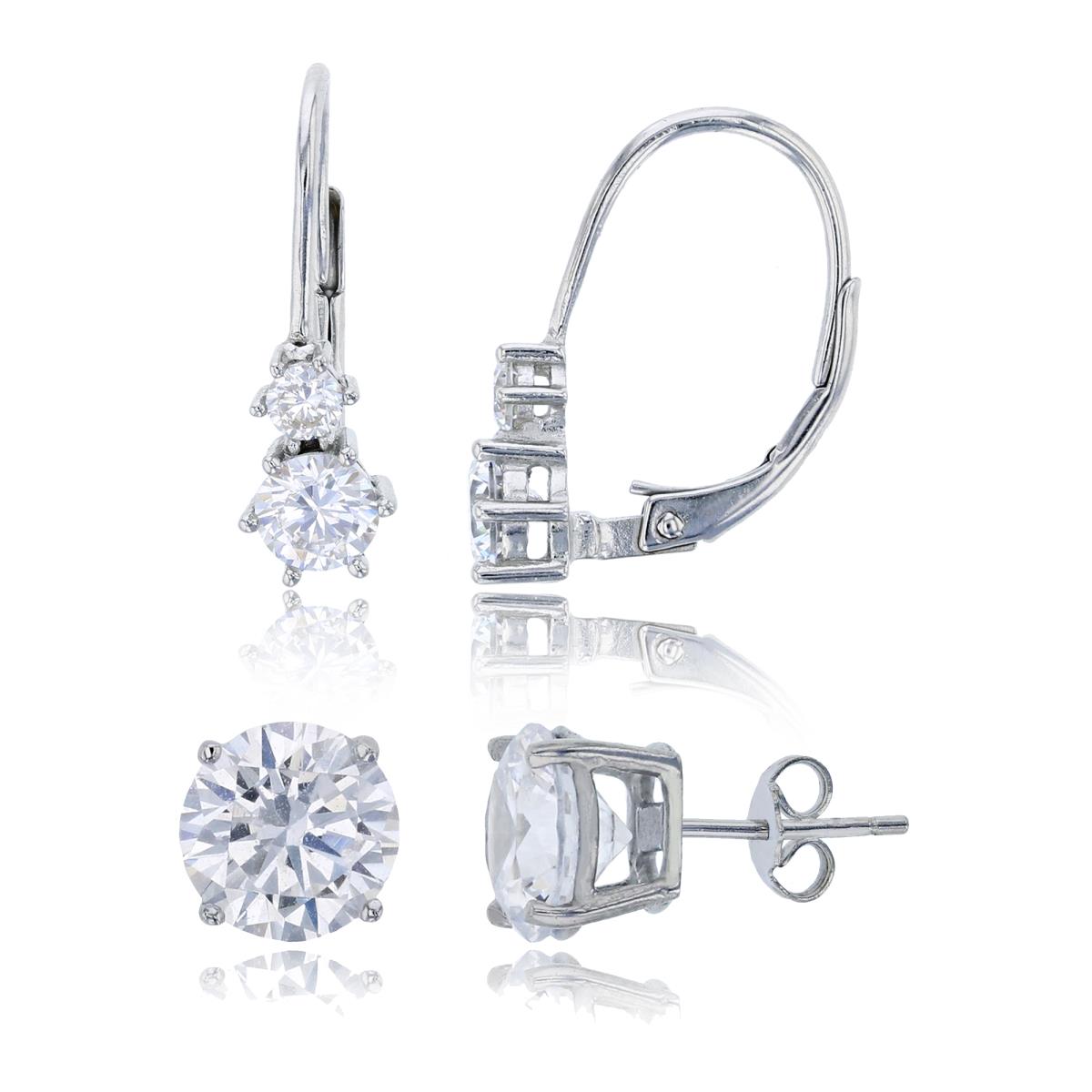 Sterling Silver Rhodium Graduated Round Dangling & 8mm Rd Solitaire Stud Earring Set