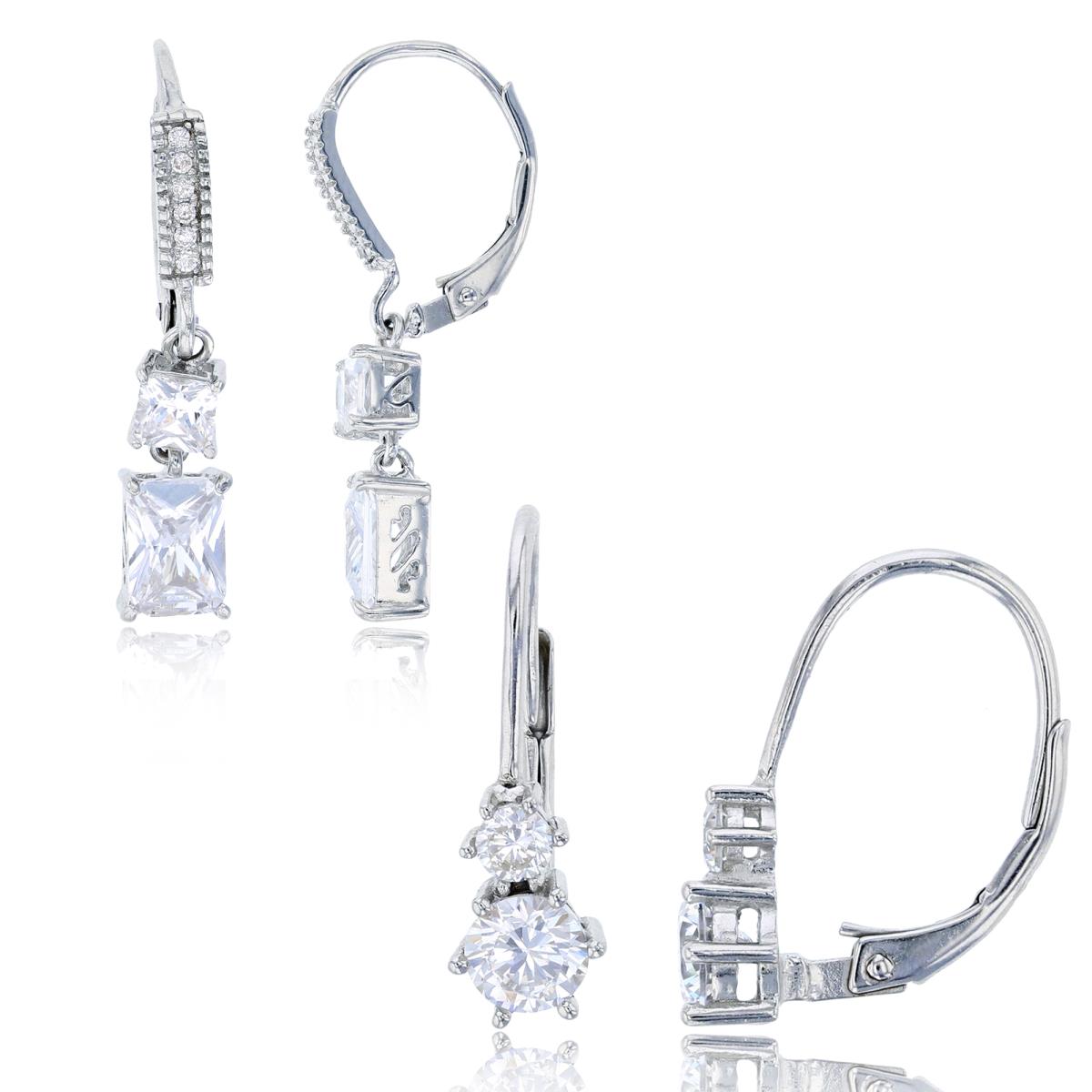 Sterling Silver Rhodium Graduated Round CZ & Two-Stone Drop Dangling Earring Set 