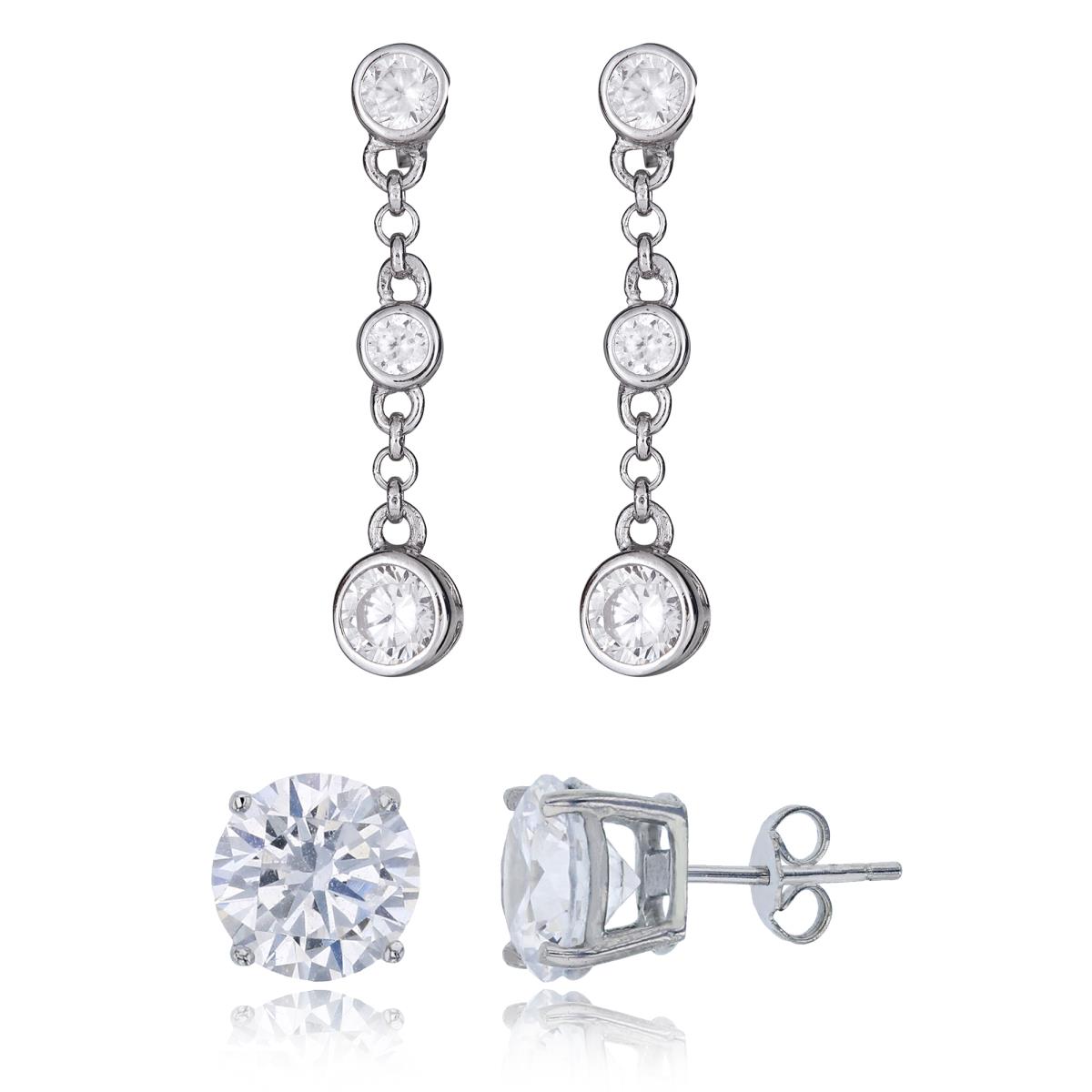 Sterling Silver Rhodium 5.5x27mm Bezel Dangling & 8mm Round Solitaire Stud Earring Set