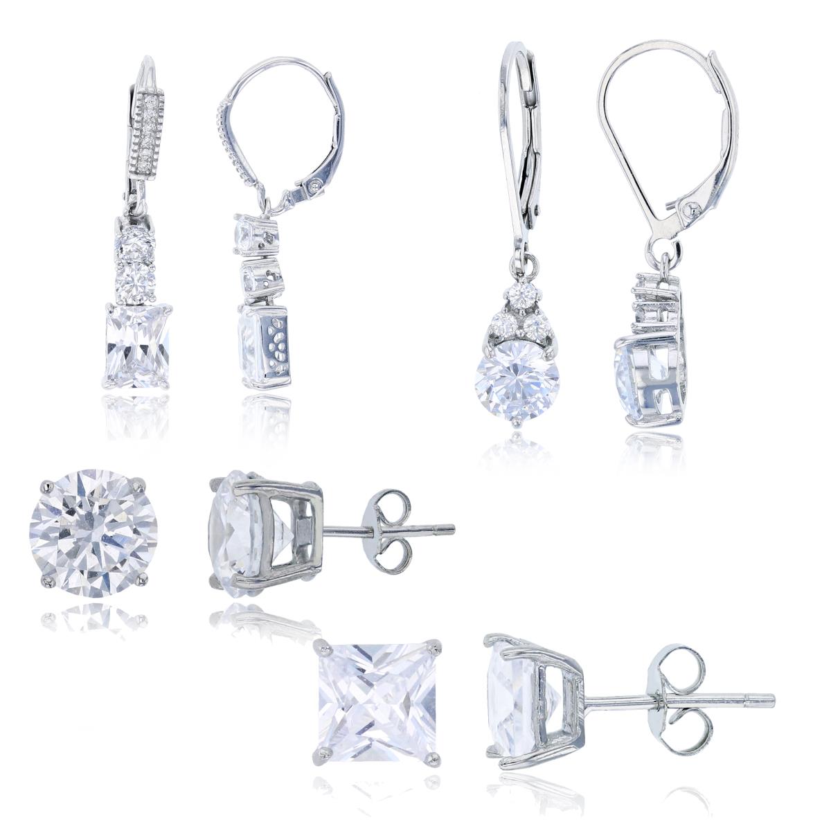Sterling Silver Rhodium Graduated Emerald&Rd Cut, 6mm Rd Cut Teardrop Dangling, 8mm Rd Solitaire & 8mm Sq Solitaire Stud Earring Set