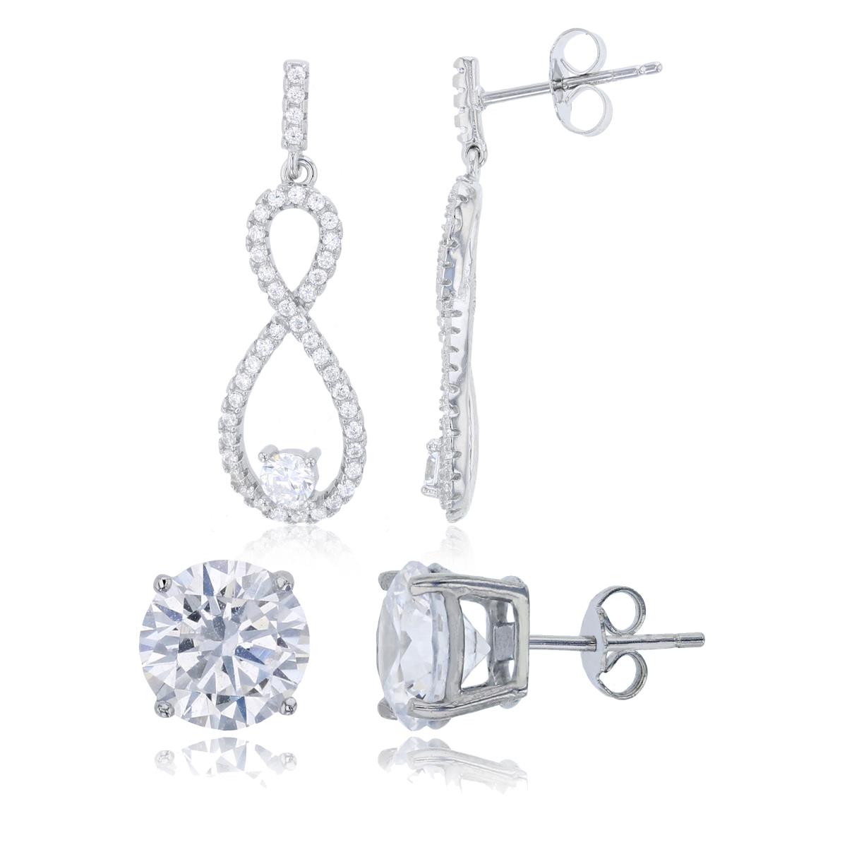 Sterling Silver Rhodium Pave Infinity Dangling Earring & 8mm Rd Solitaire Stud Earring Set