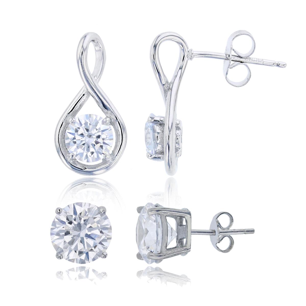 Sterling Silver Rhodium Solitaire Infinity Twist Dangling & 8mm Rd Cut Solitaire Stud Earring Set