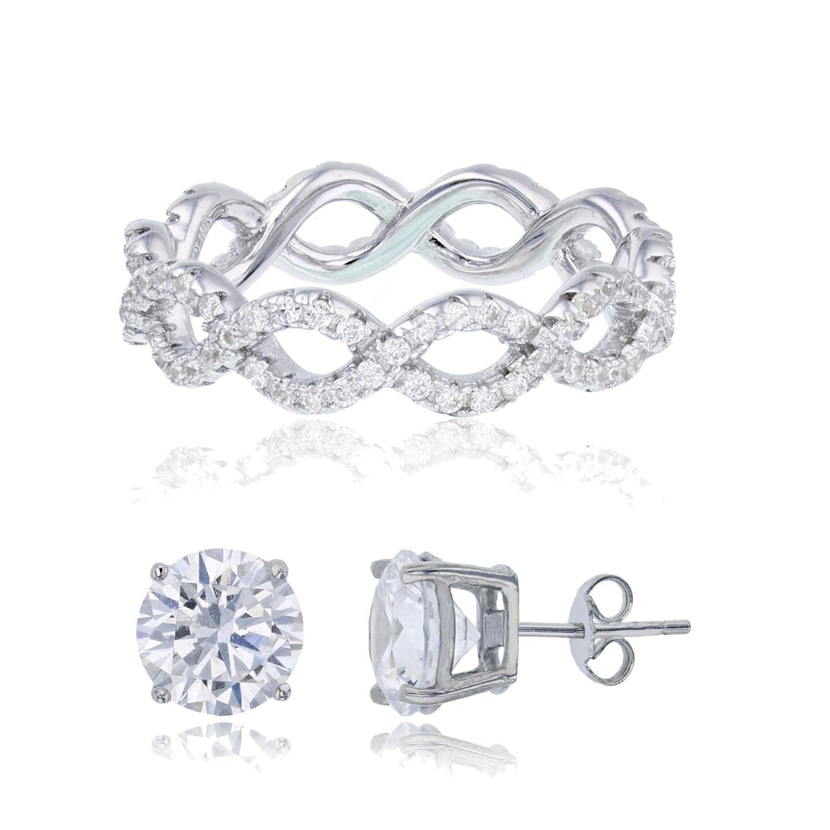Sterling Silver Rhodium Infinity Eternity Ring & 8mm AAA Round Solitaire Stud Earring Set