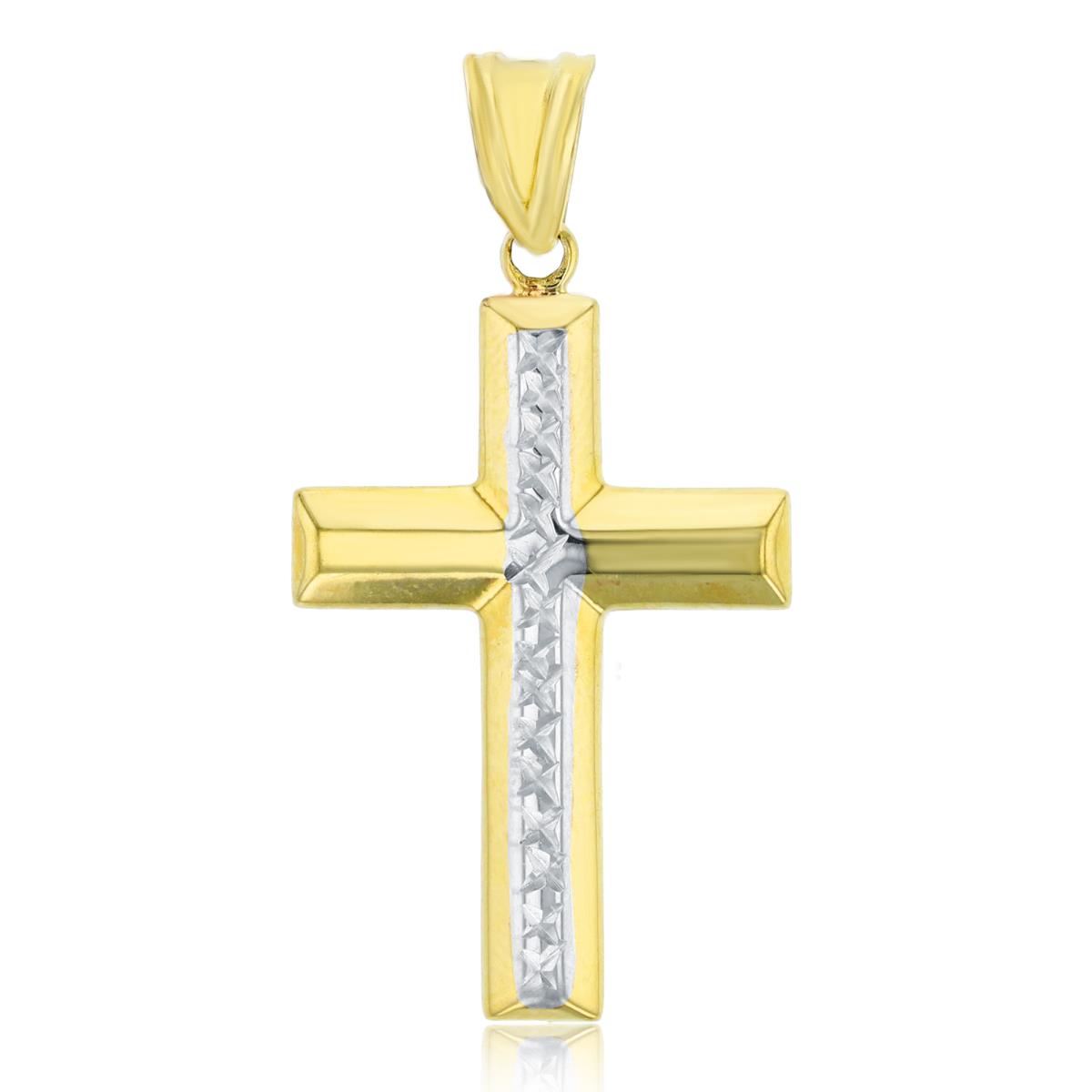 14K Two-Tone Gold 36x18mm Polished & 1-Row Diamond Cut Cross Pendant