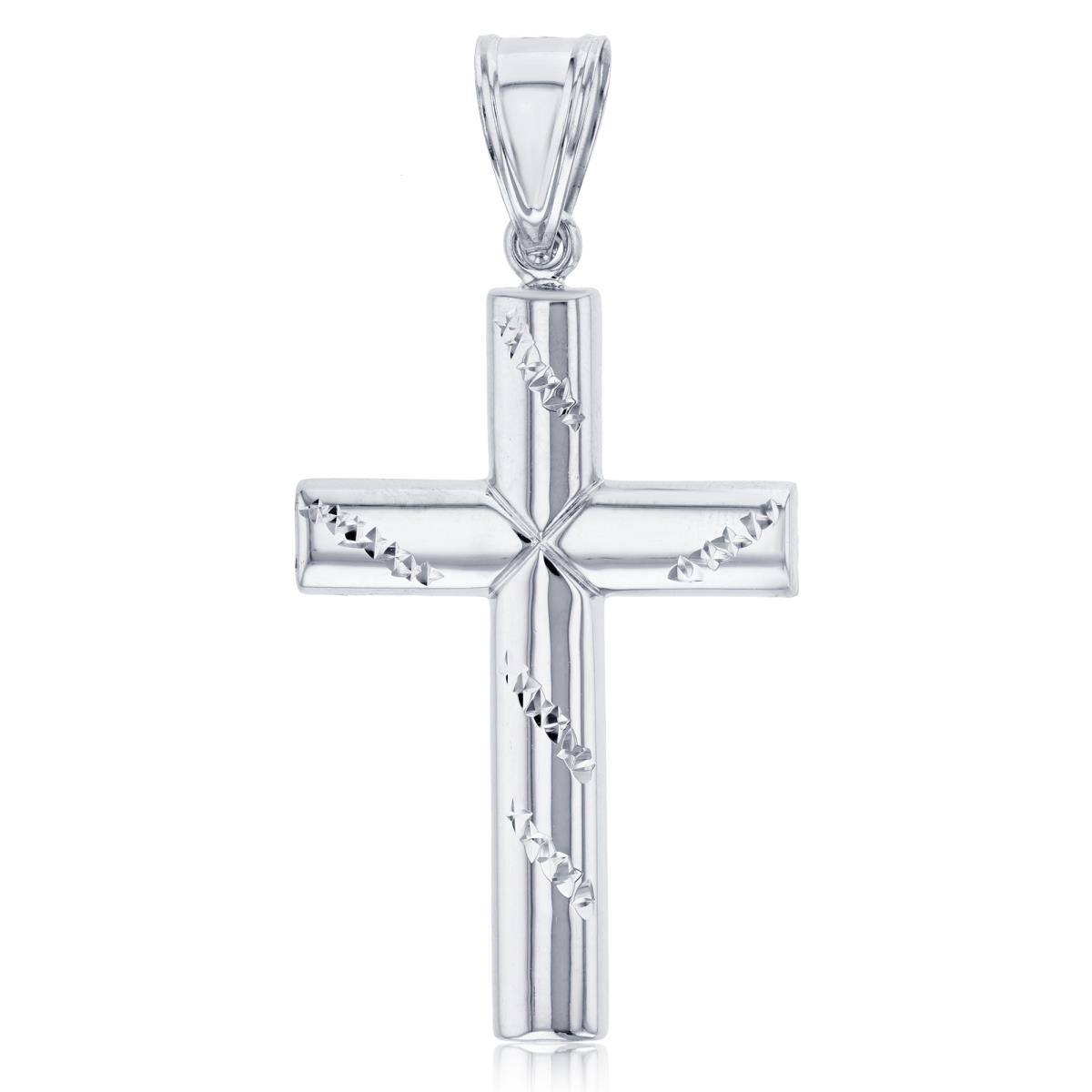 14K White Gold 62x30m High Polished & Diamond Cut Stripe Cross Pendant