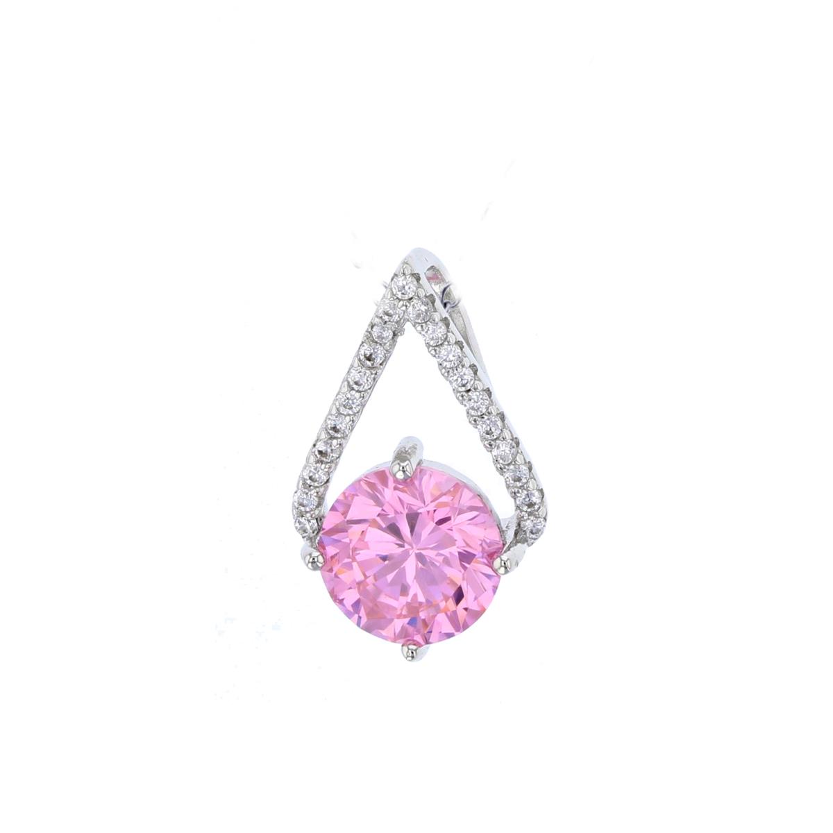 Sterling Silver Rhodium 8mm Pink Rd Cut & Micropave White CZ Open Triangle Pendant