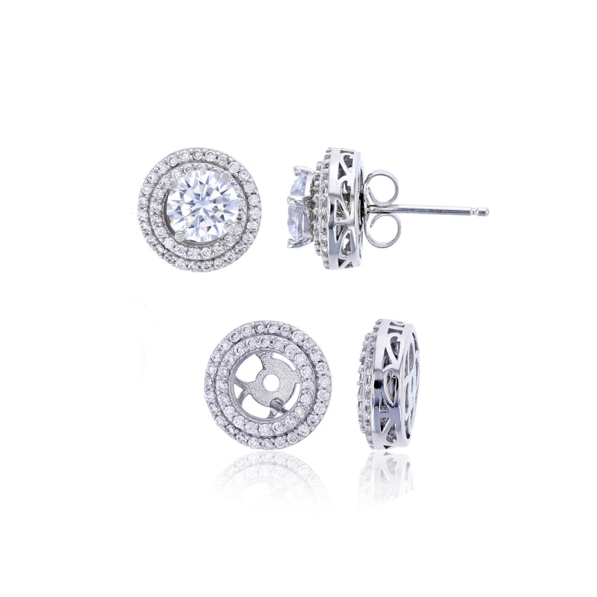 Sterling Silver Rhodium 6mm Rd Cut with Removable Double Halo Stud Earring