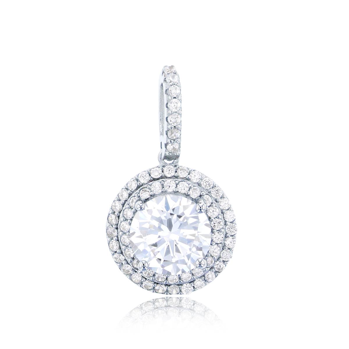 Sterling Silver Rhodium 8mm Rd Cut CZ Double Halo Pendant