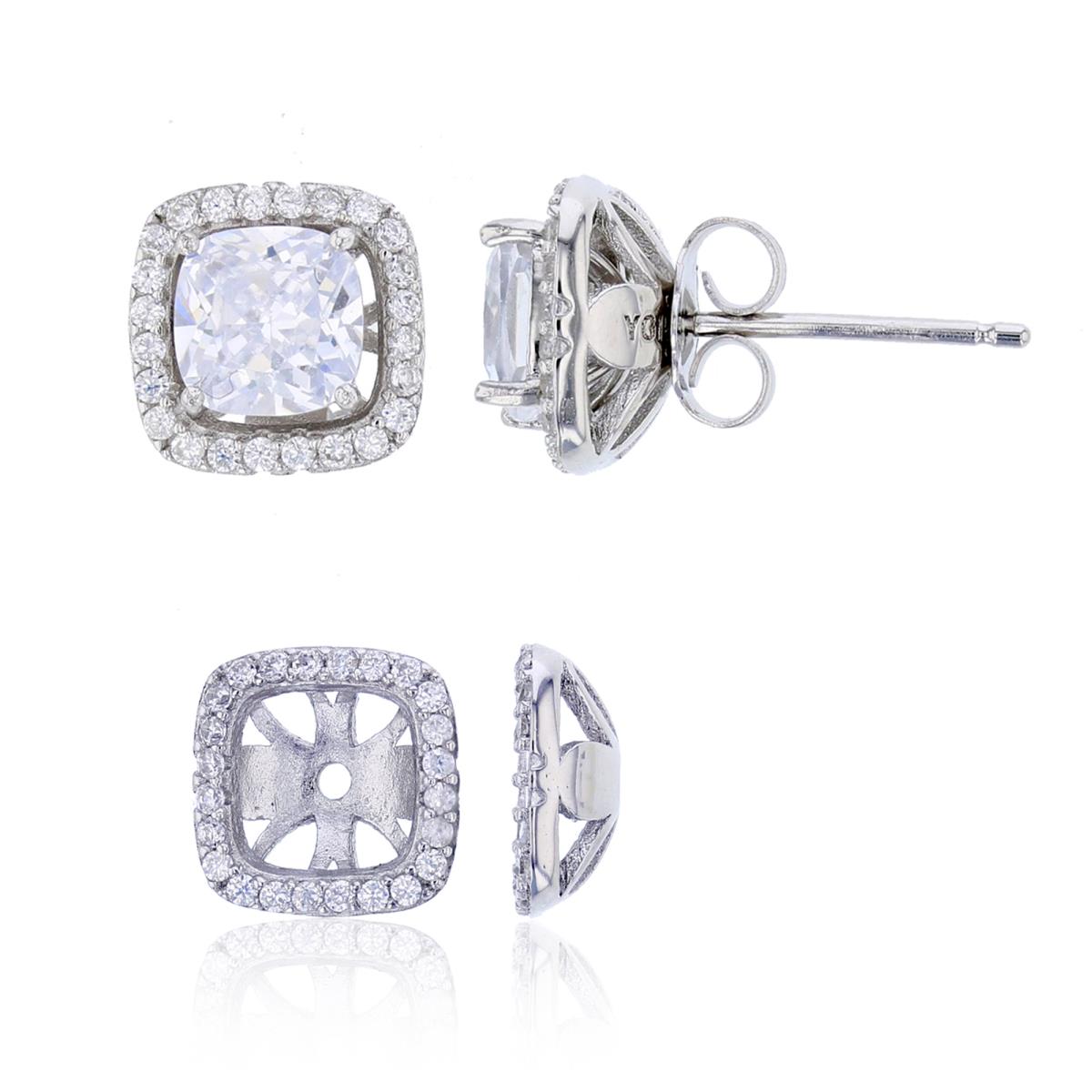 Sterling Silver Rhodium 6mm Cushion Cut CZ with Removable Halo Stud Earring