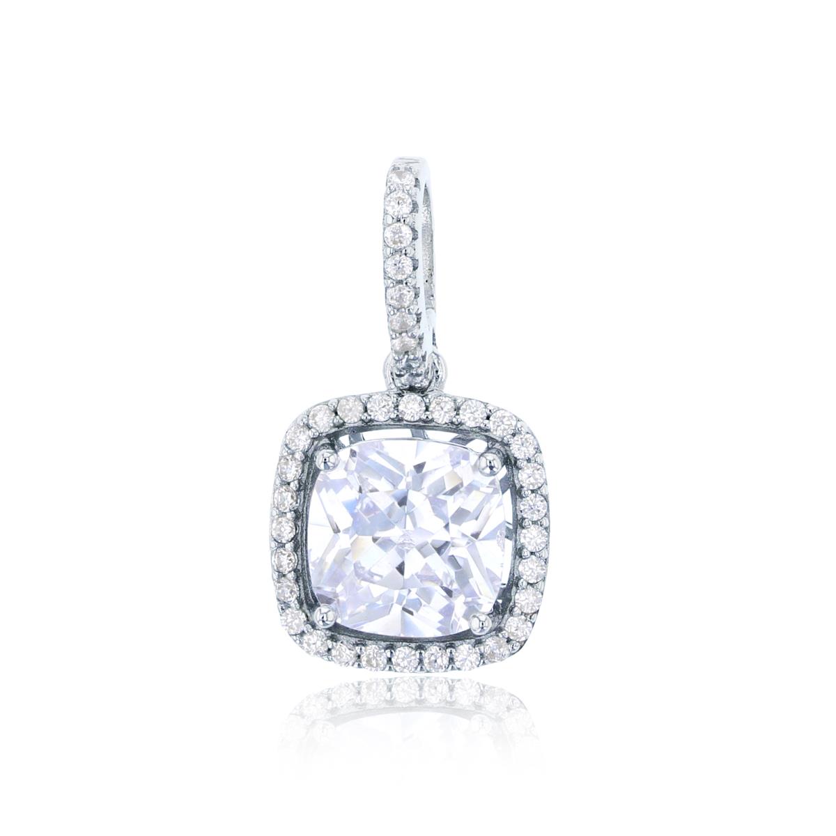 Sterling Silver Rhodium 8mm Cushion Cut CZ Halo Pendant