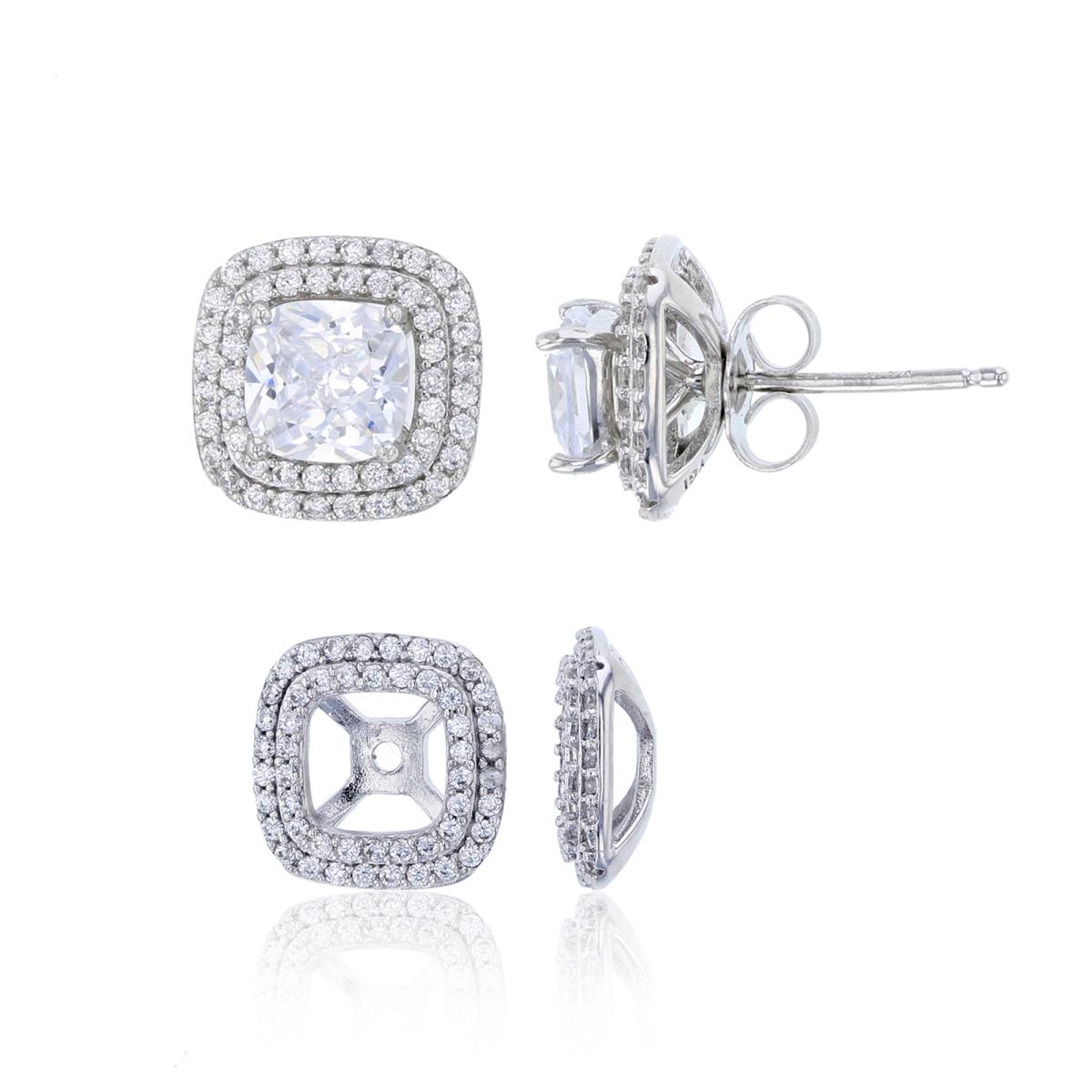 Sterling Silver Rhodium 6mm Cushion Cut CZ with Removable Double Halo Stud Earring
