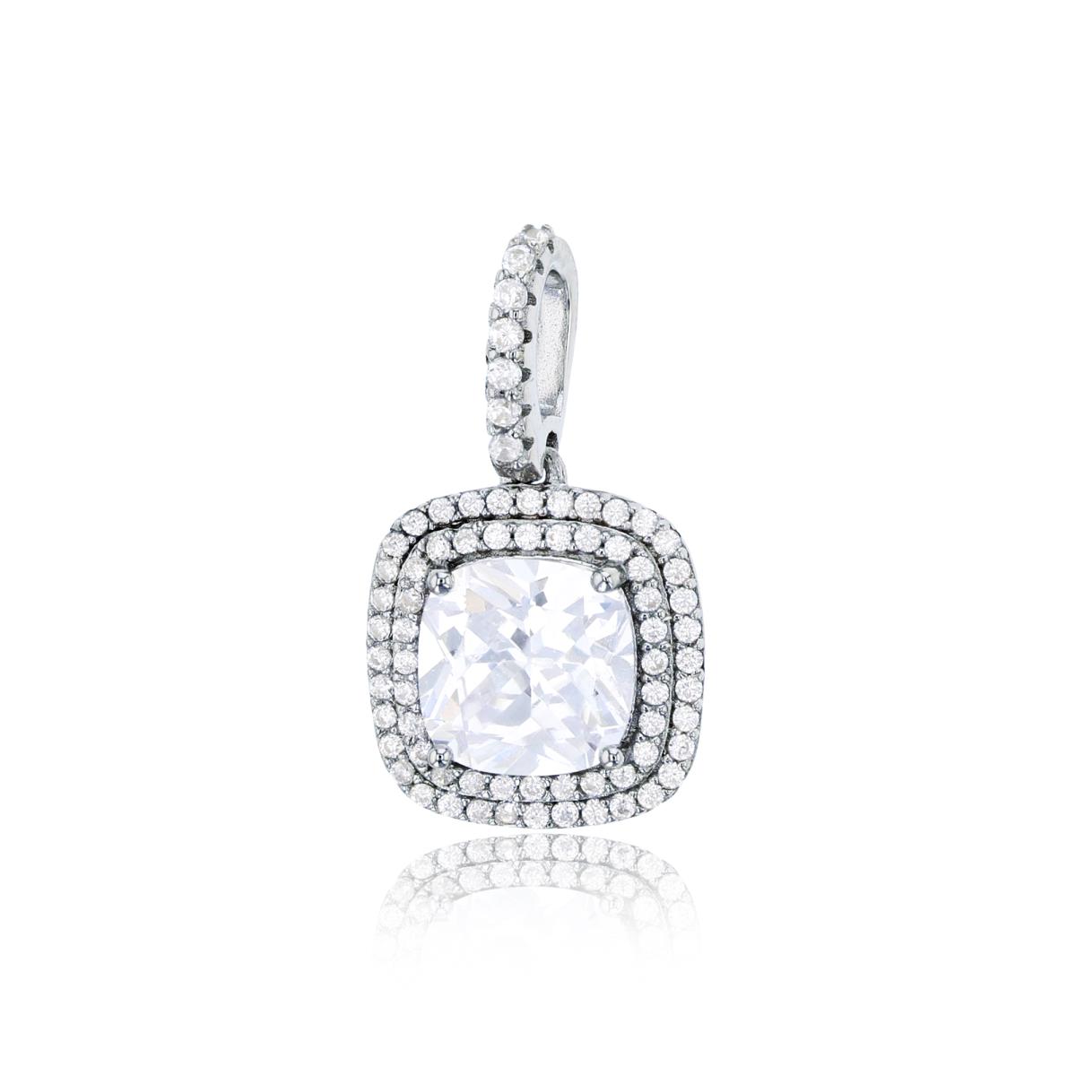 Sterling Silver Rhodium 8mm Cushion Cut CZ Double Halo Pendant