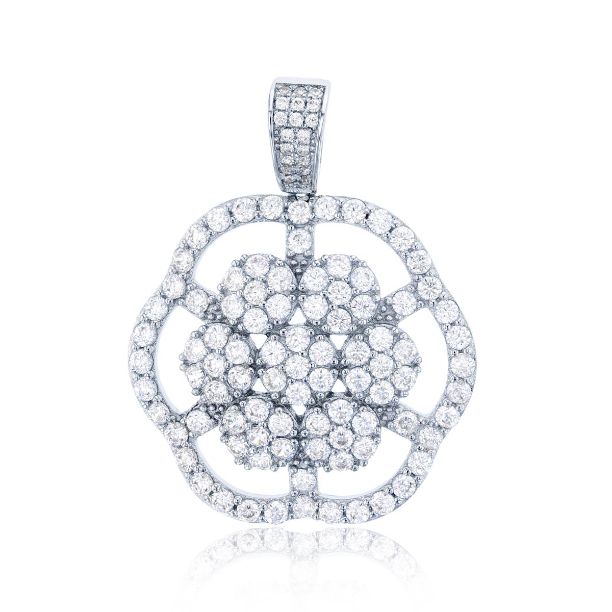 Sterling Silver Rhodium 38x28mm Micropave CZ Cluster Flower Pendant