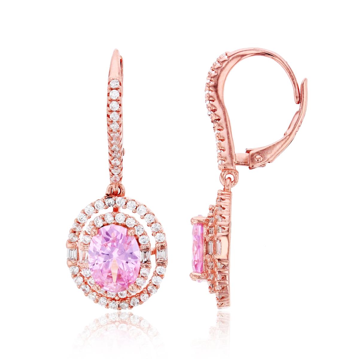 Sterling Silver Rose 8x6mm Pink Oval Cut with Micropave White CZ Double Oval Frame Leverback Earring