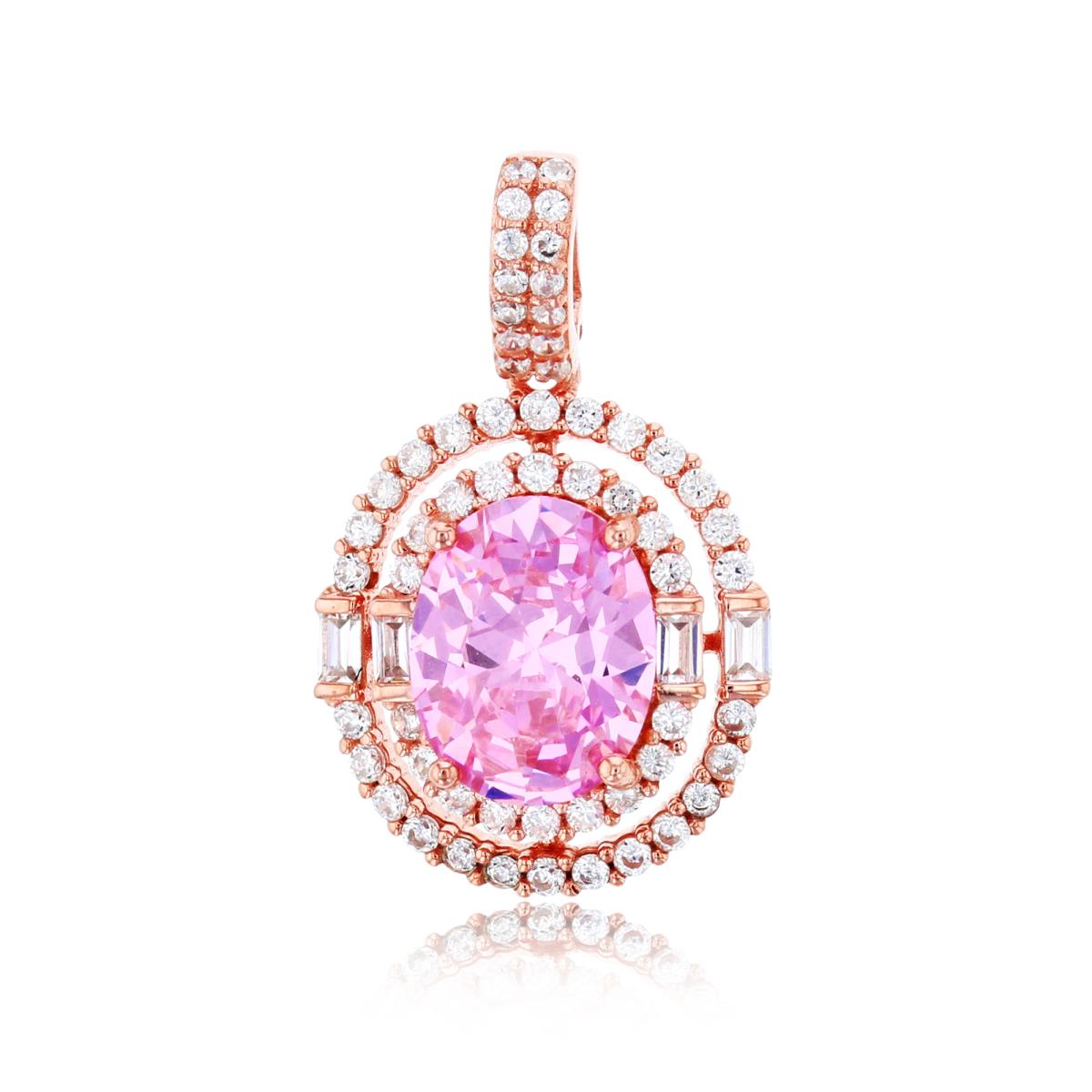 Sterling Silver Rose 10x8mm Pink Oval Cut with Micropave White CZ Double Oval Frame Pendant