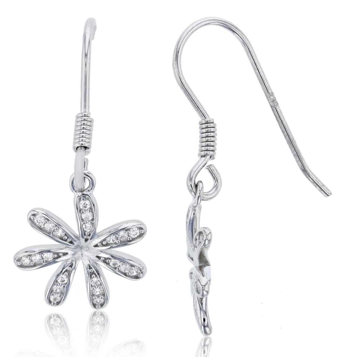 Sterling Silver Rhodium White CZ Flower Fish Hook Earring
