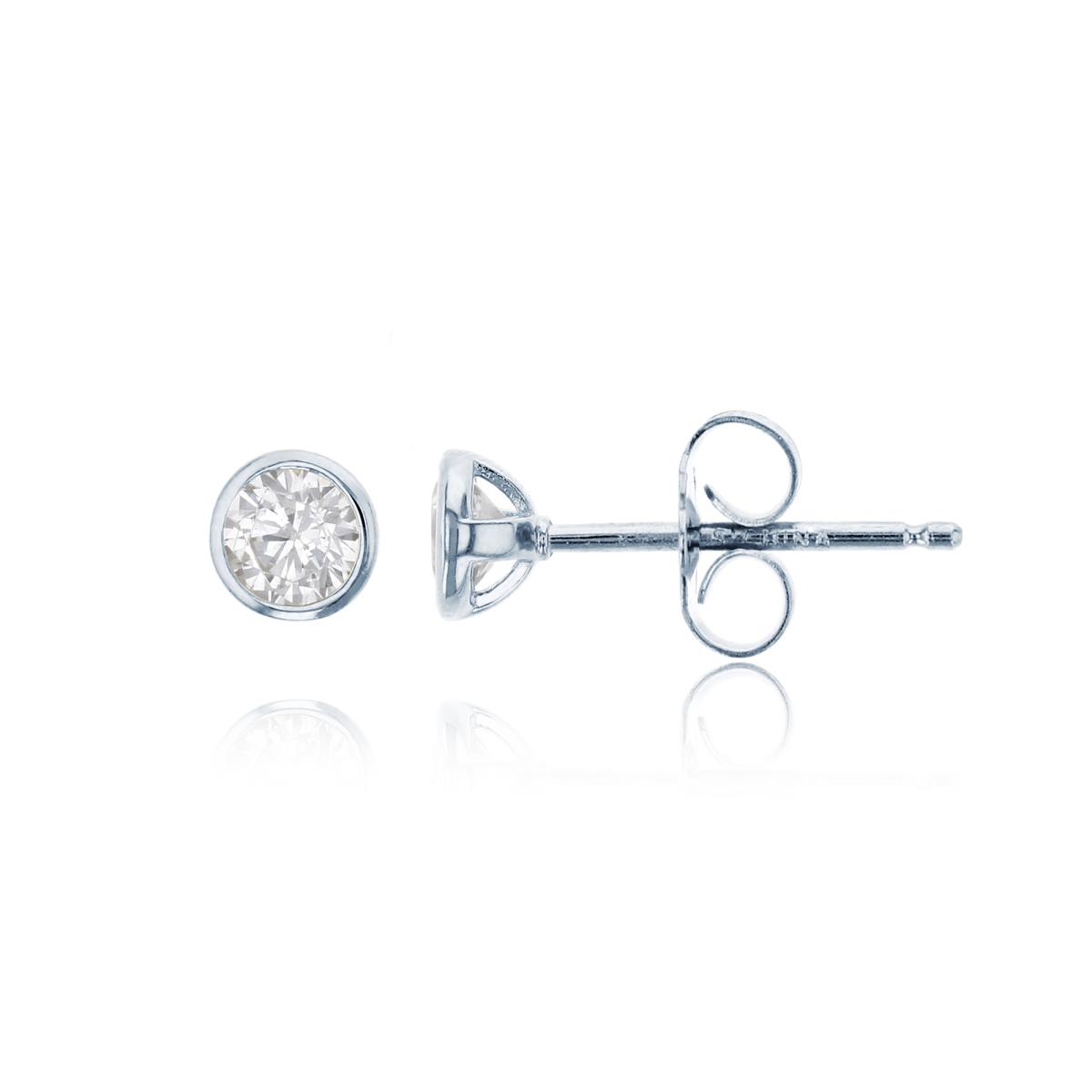 Sterling Silver Rhodium 3mm Round Cut CZ Bezel Solitaire Stud Earring