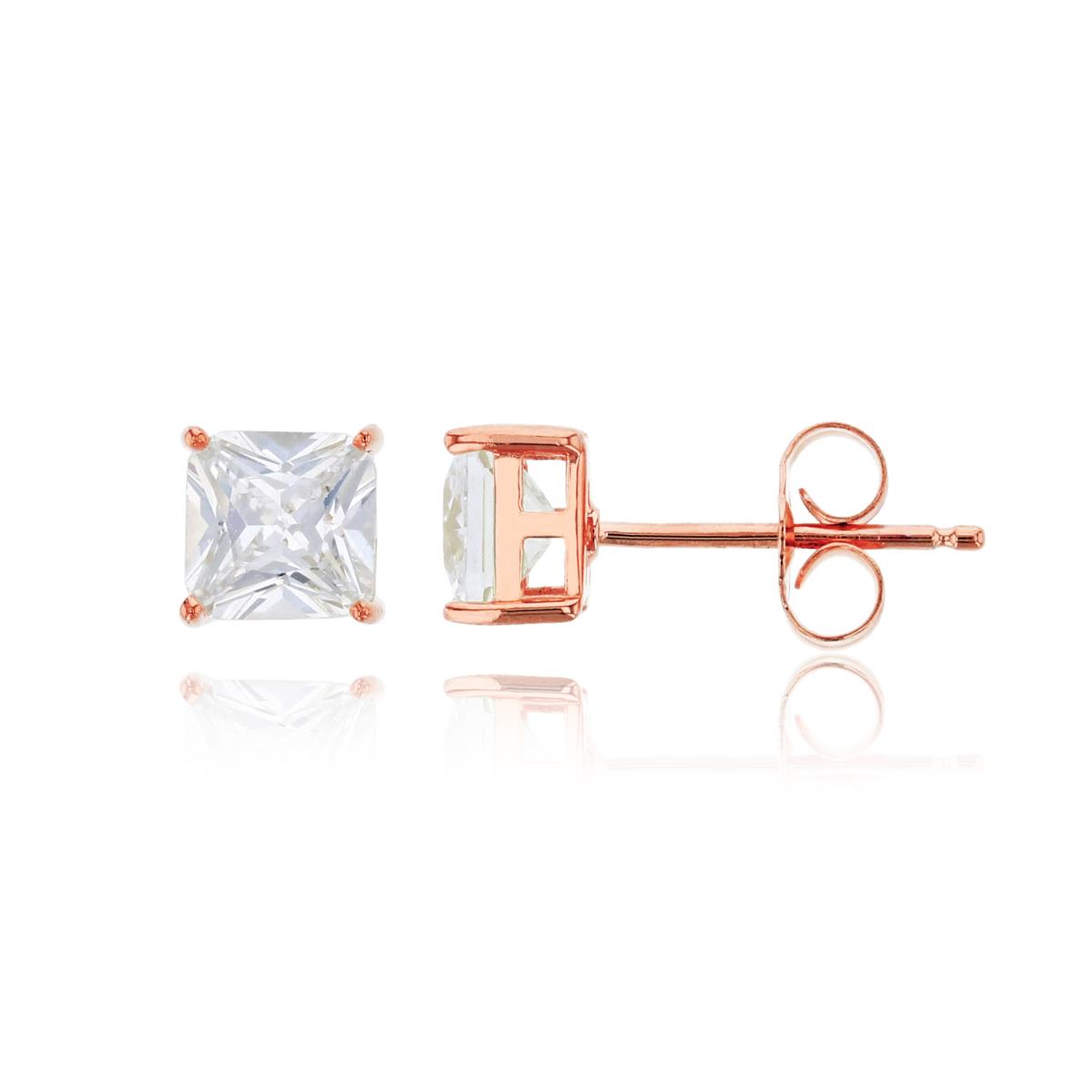 Sterling Silver Rose 5.00mm Princess Cut CZ Solitaire Stud Earring