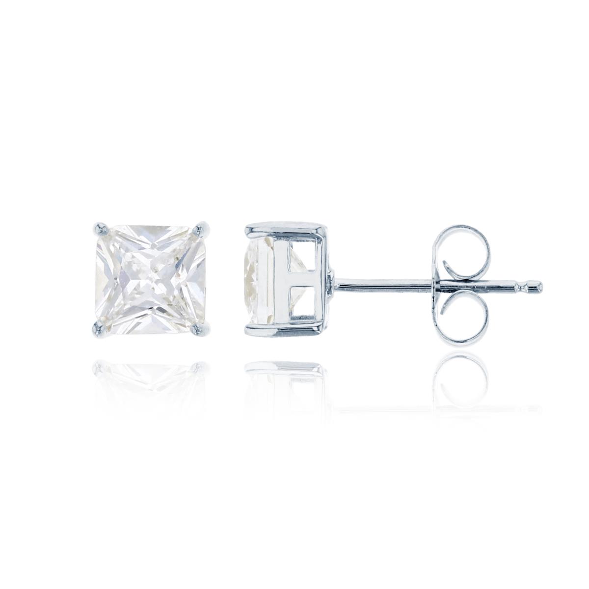 Sterling Silver Rhodium 6.00mm Princess Cut CZ Solitaire Stud Earring
