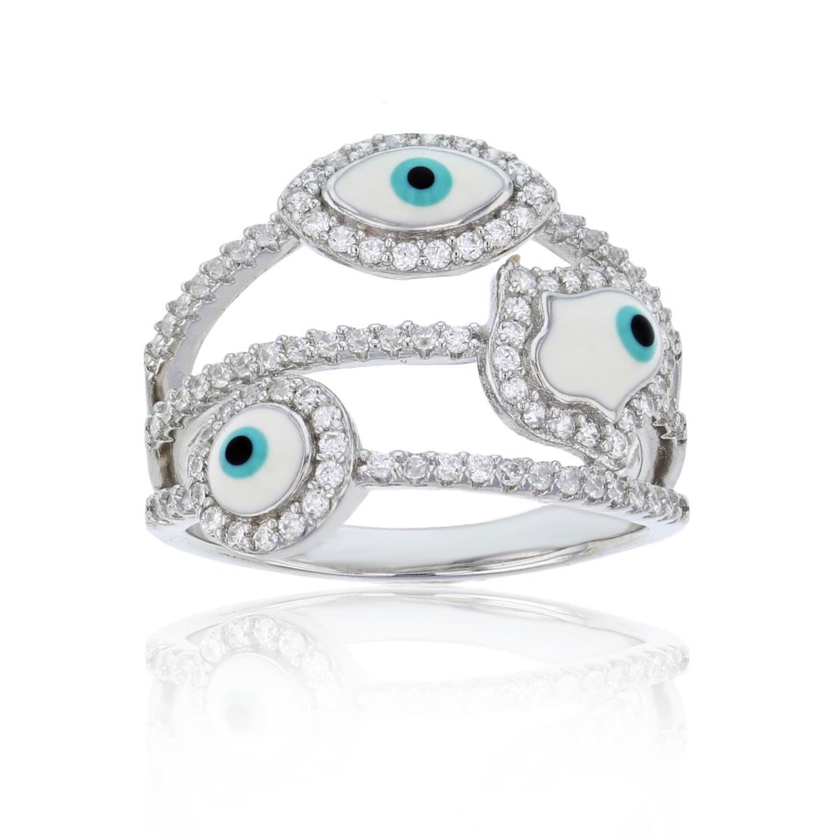 Sterling Silver Rhodium 3-Strand Enamel Evil Eye & Hamsa 17mm Polished Fashion Ring