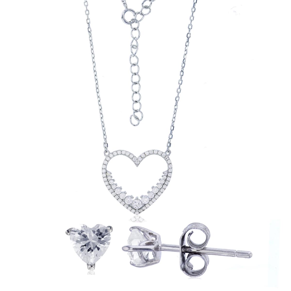 Sterling Silver Rhodium 21x22mm Micropave Open Heart 16"+2" Necklace & 8mm Heart Solitaire Earring Set
