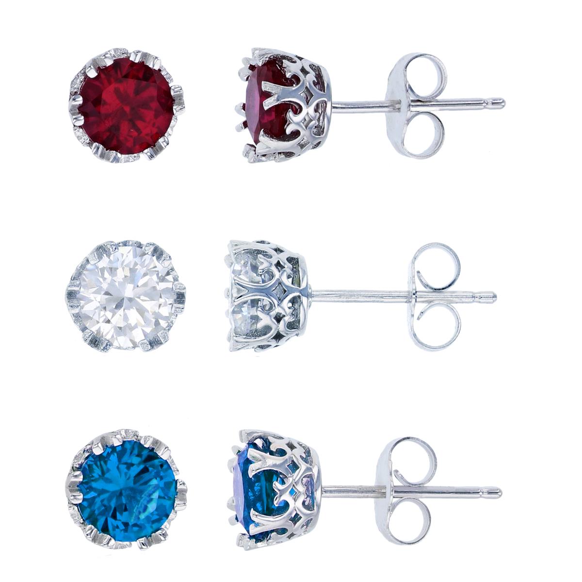 Sterling Silver Rhodium 6mm White, Ruby & Swiss Blue Round Cut CZ Crown Setting Solitaire Stud Earring Set