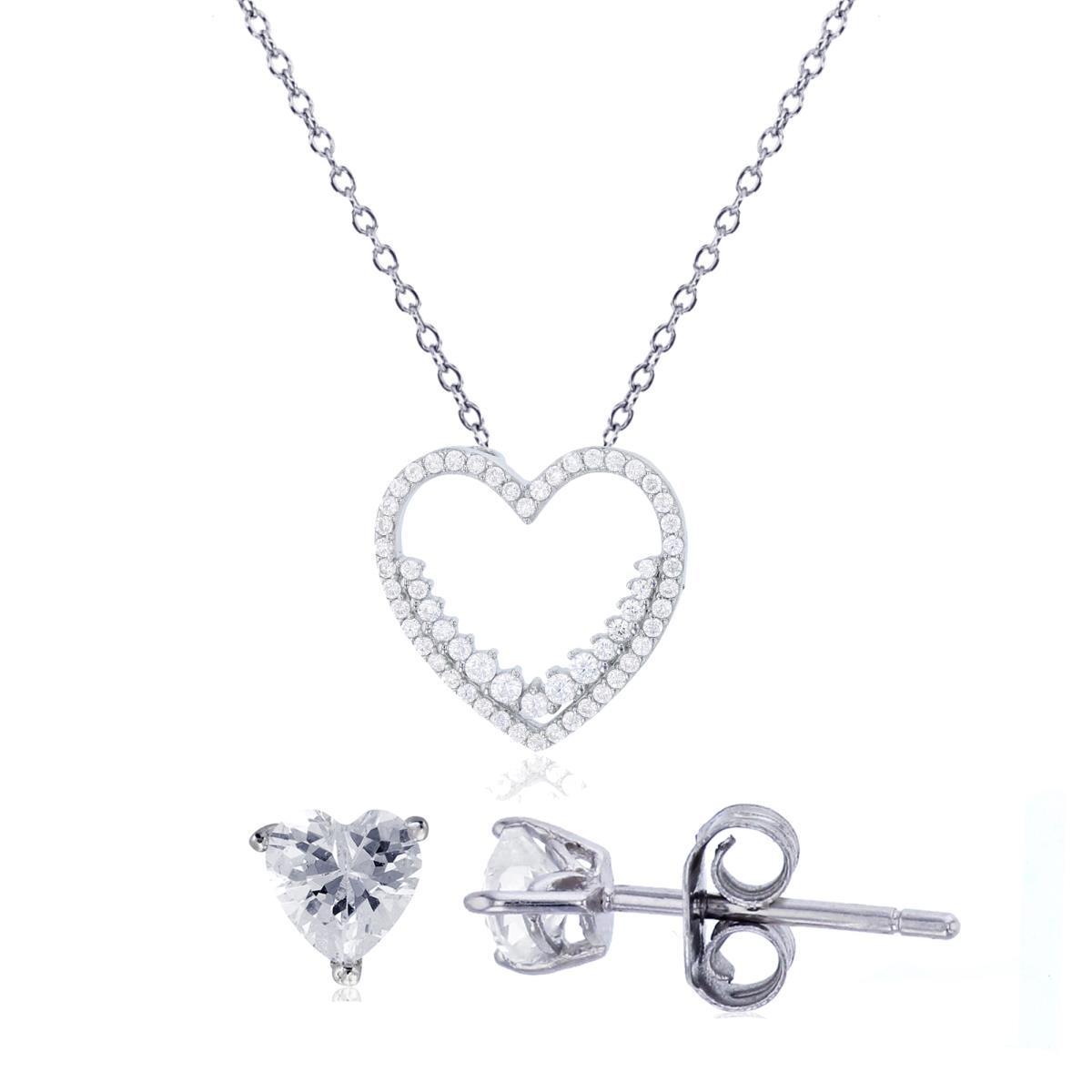 Sterling Silver Rhodium 20x20mm Micropave CZ Open Heart 18" Necklace & 8mm Heart Solitaire Earring Set