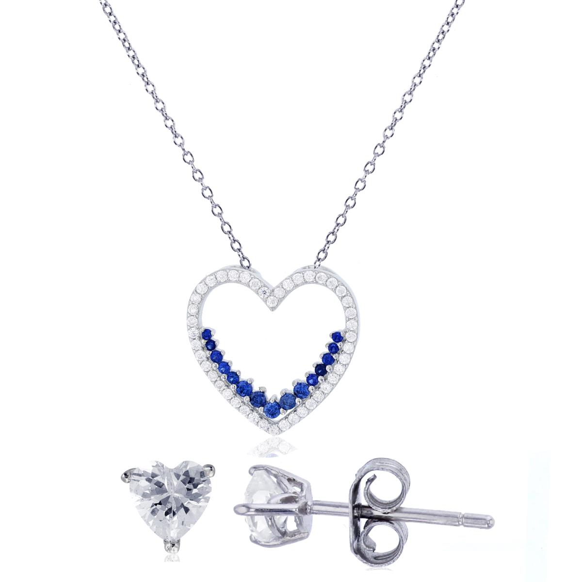 Sterling Silver Rhodium 20x20mm Micropave Tanzanite & White CZ Open Heart 18" Necklace & 8mm Heart Solitaire Earring Set