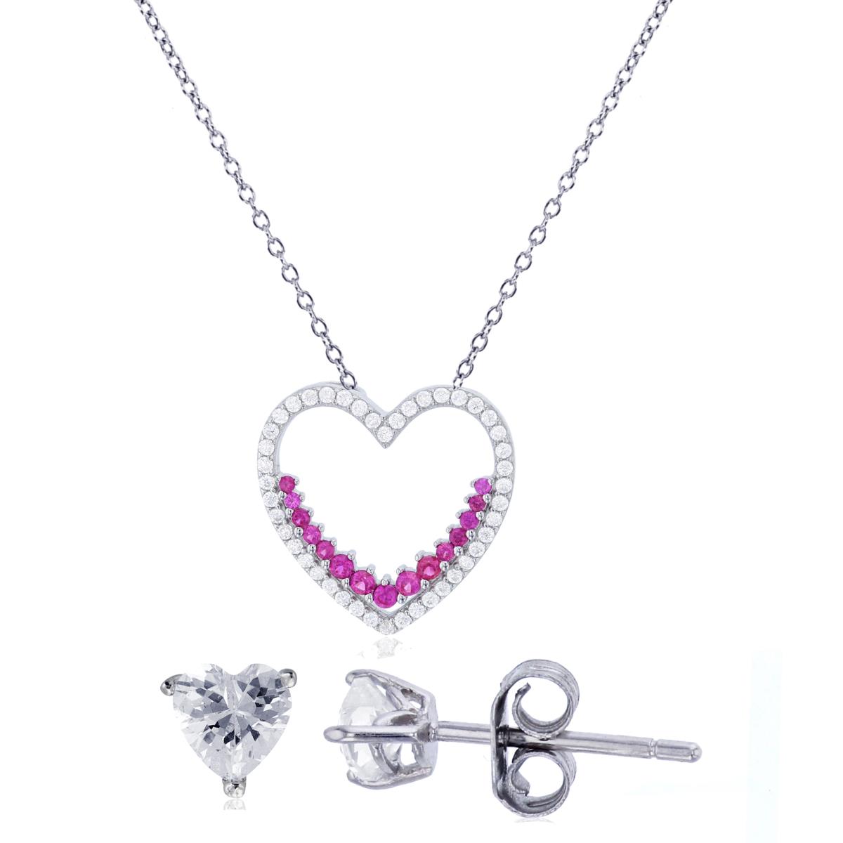 Sterling Silver Rhodium 20x20mm Micropave Ruby & White CZ Open Heart 18" Necklace & 8mm Heart Solitaire Earring Set