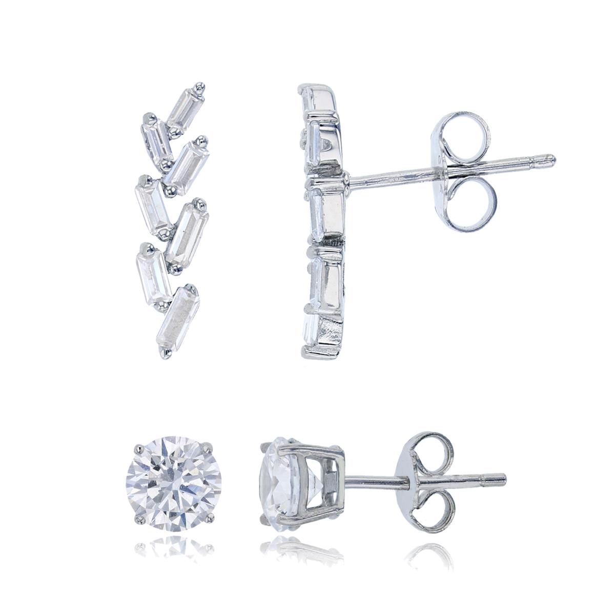 Sterling Silver Rhodium 16x4mm Baguette CZ Ear Crawler & 6mm Round Solitaire Stud Earring Set