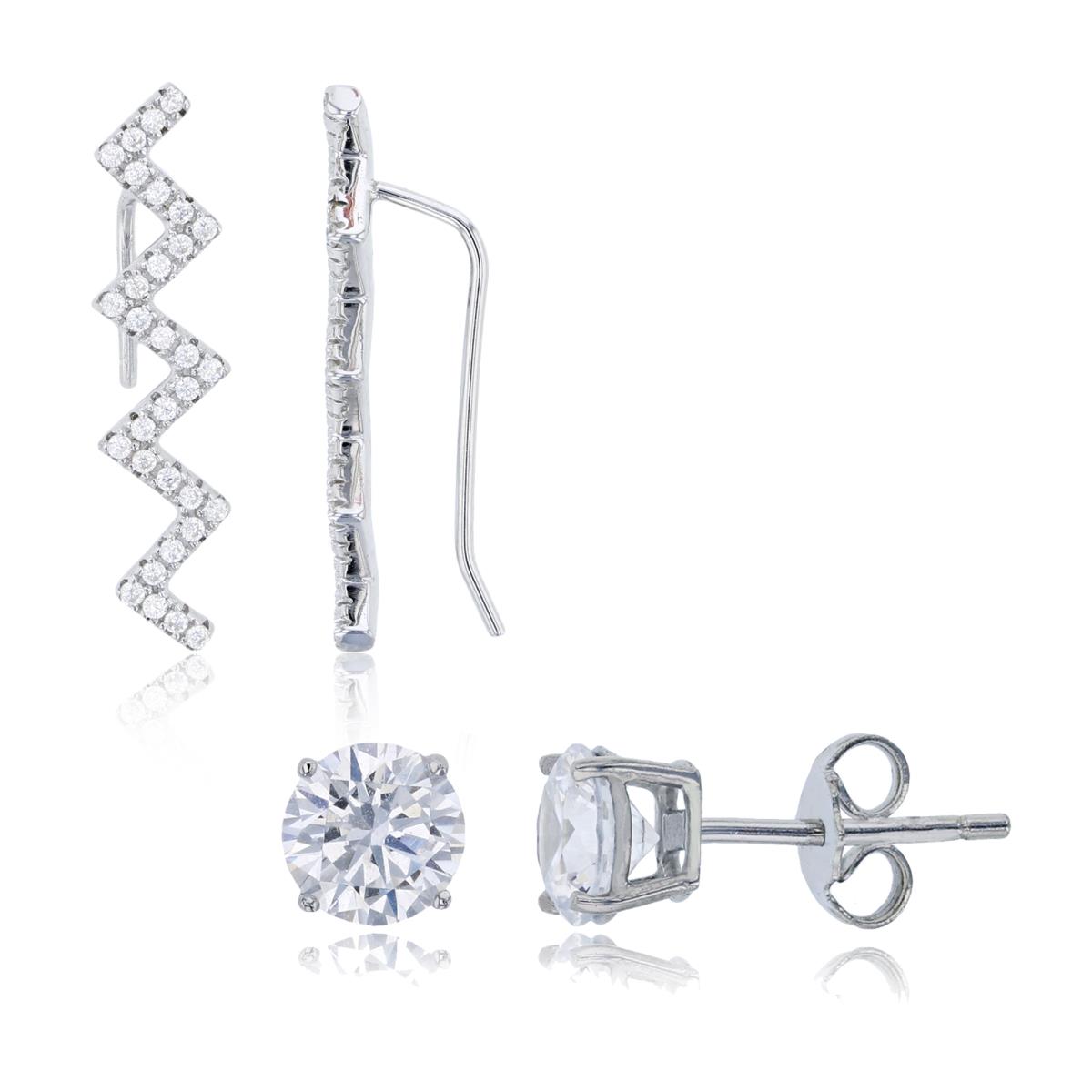 Sterling Silver Rhodium 24x6mm Micropave CZ Zig Zag Clip & 6mm Round Solitaire Stud Earring Set